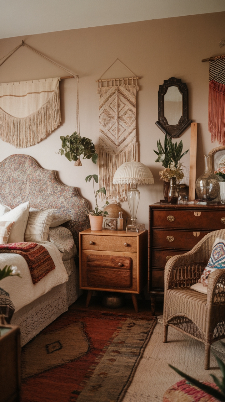 Escape to a sanctuary of style in this captivating vintage bedroom. A harmonious blend of retro and bohemian aesthetics, the space is a testament to the art of eclectic design. The eye-catching headboard, antique mirror, and carefully chosen accessories tell a story of collected treasures and global inspiration. Soft hues, natural textures, and a touch of whimsy create an atmosphere that's both serene and invigorating, a perfect retreat for the soul.