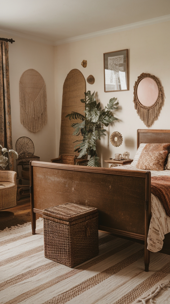 A captivating boho vintage bedroom exudes retro charm with its eclectic mix of antique furniture and earthy tones. The vintage wooden bed frame, complemented by a woven basket at its foot, invites cozy relaxation. Walls adorned with a curated collection of framed artwork, a mirror, and lush greenery create a layered, inviting atmosphere. The textured rug underfoot adds warmth and depth, tying together the neutral palette of earthy hues that evoke a sense of timeless comfort and artistic individuality.