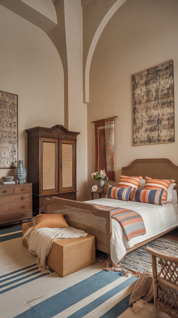 Ready to escape to a dreamy, vintage-inspired sanctuary? This boho-chic bedroom is a masterclass in creating a space that feels both lived-in and utterly stylish. Bathed in a soft beige glow from its soaring ceiling, the room is a treasure trove of antique finds. A beautiful wooden bed with a woven headboard anchors the space, layered with a playful boho bedding set featuring a crisp white duvet and vibrant orange and blue striped pillows. Complementing the bed are a charming vintage wardrobe and a classic wooden dresser, each piece adding to the room's rich history. Textural delights abound, from the captivating blue and white patterned rug underfoot to the cozy beige throw blanket draped across the bed. A curated selection of artwork, including a striking large abstract painting, adds personality and depth to the walls. This eclectic haven is a perfect blend of retro charm and bohemian spirit, inviting you to relax and unwind in a space that feels uniquely yours.