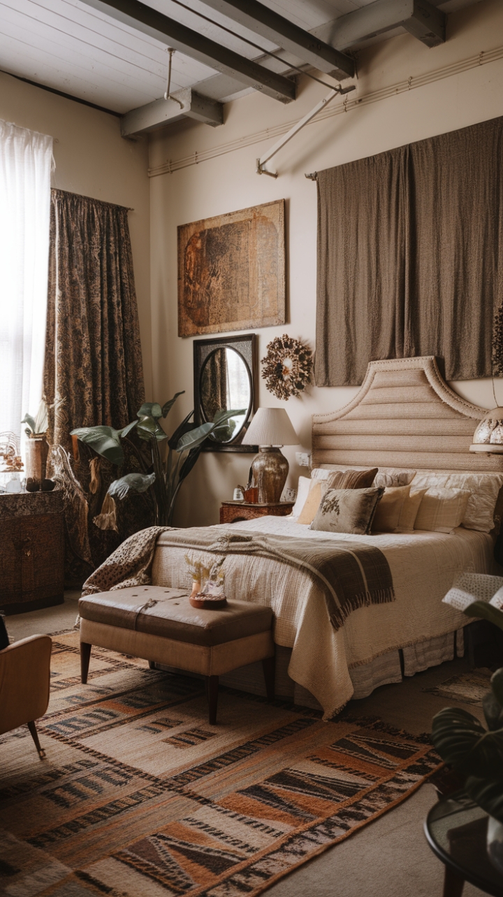 A captivating boho vintage bedroom exudes retro charm and eclectic personality. The soaring ceiling amplifies the room’s spaciousness, while antique furniture pieces add a sense of timeless elegance. The bed, featuring a textured, neutral-toned headboard, invites restful serenity amidst a tapestry of vintage art adorning the walls. A boldly patterned rug anchors the space with vibrant energy, complemented by carefully curated decorative accents—a chic lamp, a stylish mirror, and lush greenery—that infuse warmth and personality. An earthy palette of whites, beiges, browns, and greens creates a harmonious, inviting atmosphere that celebrates both history and individuality.