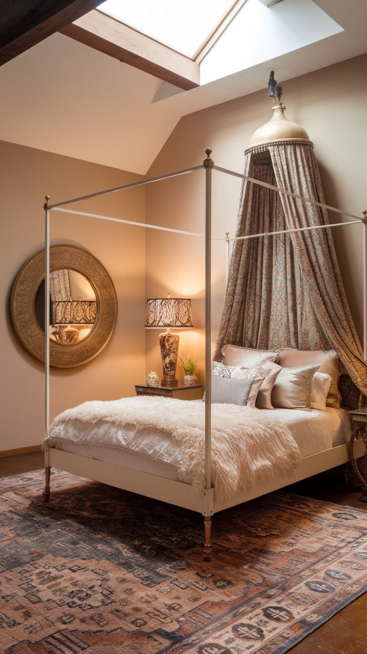 Escape to a haven of bohemian bliss. This vintage-inspired bedroom, bathed in soft light from a skylight and accented by a stunning gold mirror, effortlessly blends retro charm with modern comfort. The patterned canopy bed, fluffy duvet, and richly textured rug create a sanctuary of style and relaxation. Every detail, from the vintage lamp to the exposed wooden beam, whispers a story of curated eclecticism.