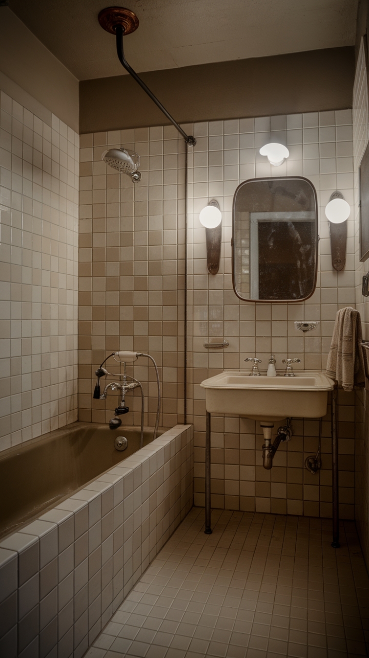 Step into a charming blend of nostalgia and elegance with this vintage-inspired bathroom. The antique bathtub, paired with classic fixtures and a distinctive showerhead, creates a timeless retreat. Beige and white tiled walls add a subtle pattern that enhances the cozy, retro vibe, while the vintage mirror and warm lighting evoke a sense of nostalgic comfort. This space is a perfect sanctuary for those who appreciate timeless design with a touch of charm.
