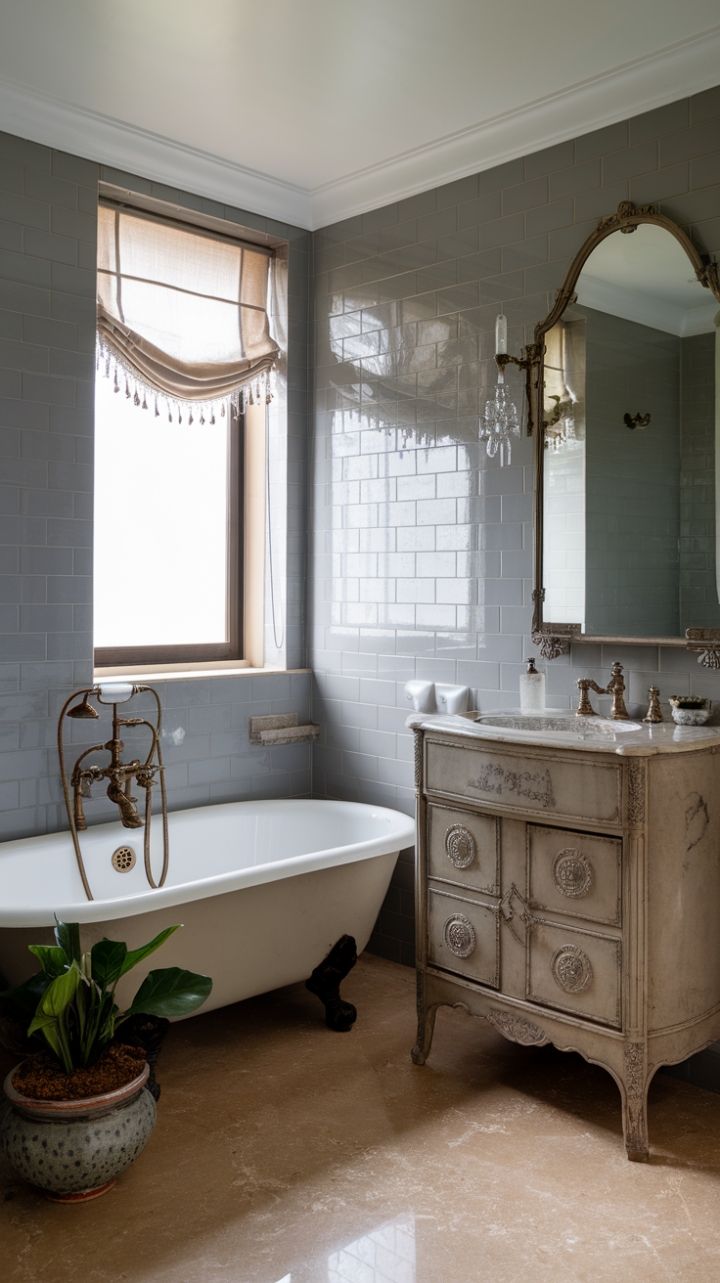 Step into a timeless sanctuary where vintage charm meets modern elegance. The pristine white bathtub with antique-inspired fixtures invites relaxation, while the marble-topped vanity adds a touch of luxe sophistication. Grey tiled walls create a soothing backdrop, complemented by the warm beige marble flooring that exudes understated luxury. A delicate curtain filters soft natural light through the window, and a lush green plant in a ceramic pot brings a refreshing burst of life to the space—perfectly blending old-world charm with contemporary comfort.