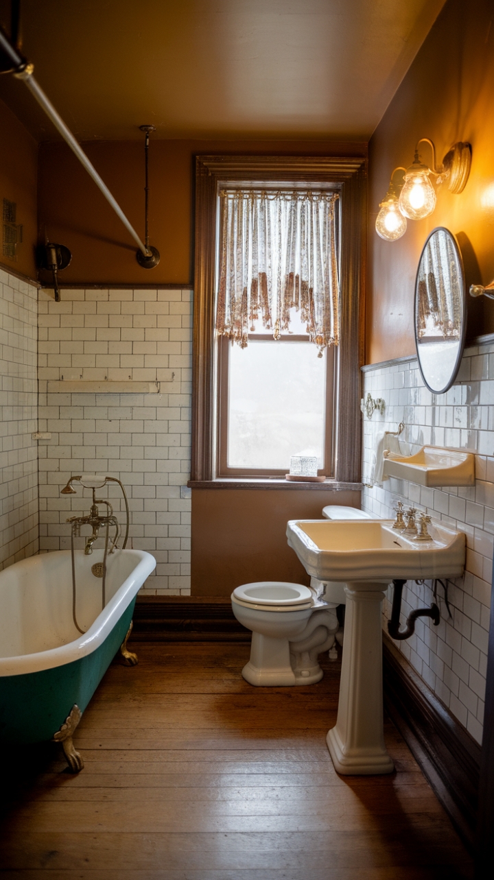 Step into a charming vintage retreat where timeless elegance meets nostalgic comfort. The warm glow of ambient lighting highlights the intricate patterns of the retro-style tiles, creating a cozy atmosphere that beckons relaxation. An antique clawfoot tub invites indulgence, while the classic pedestal sink and toilet complete the authentic old-world charm. The wooden floor adds warmth and texture, contrasting beautifully with the vintage fixtures. A window dressed with a delicate curtain floods the space with soft natural light, enhancing the room’s inviting and nostalgic ambiance.