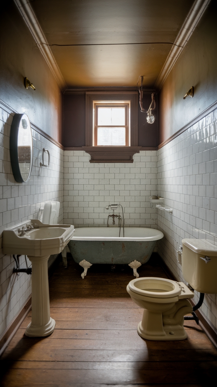 Step back in time with this vintage bathroom's captivating charm. A classic clawfoot tub, pedestal sink, and period-perfect tiling create a nostalgic retreat where modern stresses melt away. The warm wood floors and high-placed window add to the timeless elegance. This isn't just a bathroom; it's a portal to a bygone era of sophisticated simplicity.