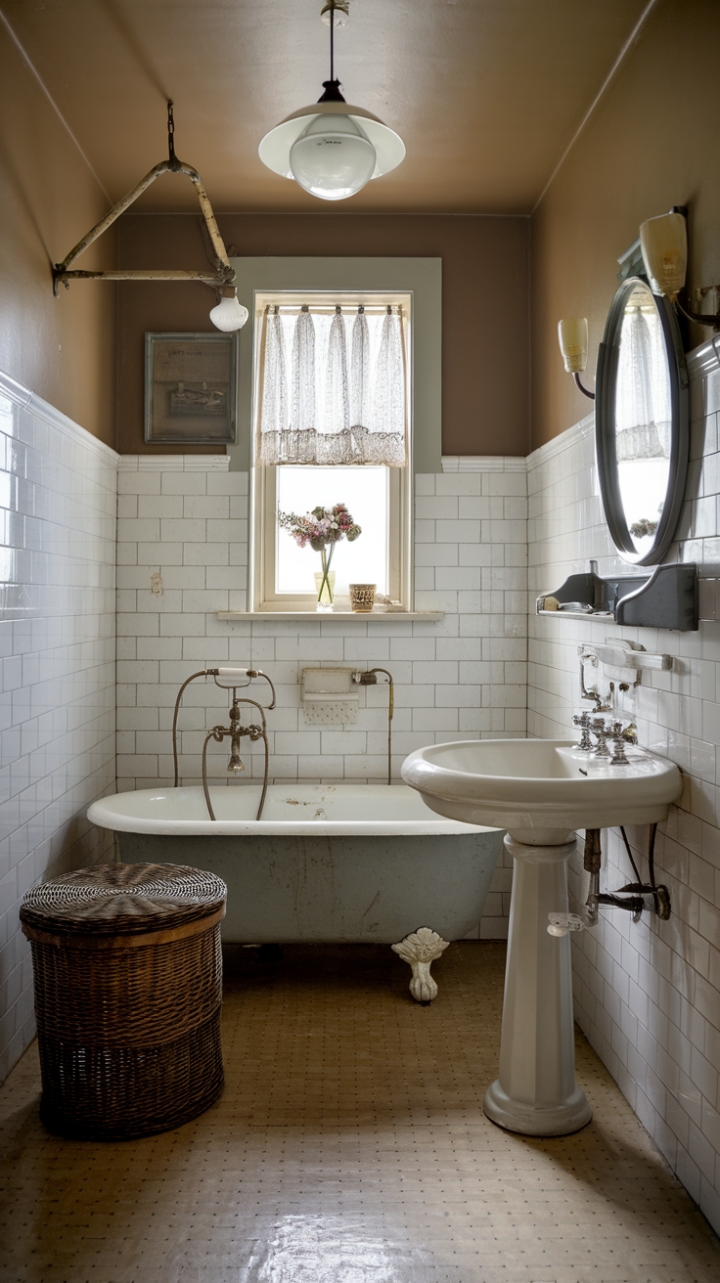 Indulge your inner vintage enthusiast in this exquisitely restored bathroom. Antique fixtures, from the gleaming clawfoot tub to the delicate light fixture, create a captivating atmosphere of bygone sophistication. Subtle details, like the checkered floor and charming wicker basket, add layers of character and warmth to this timeless space, making it the perfect sanctuary for relaxation and rejuvenation.
