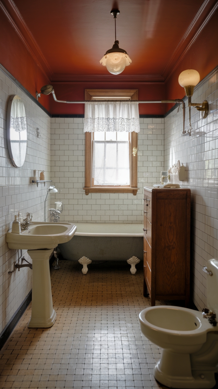 Step into a charming vintage-inspired bathroom where timeless elegance meets nostalgic allure. White subway tiles line the walls, creating a crisp backdrop for antique fixtures that evoke a bygone era—an elegant clawfoot tub and a classic pedestal sink. A vintage light fixture casts a warm glow, enhancing the room’s cozy, old-world charm. The wooden cabinet adds a touch of rustic warmth, while the beige and black checkered floor pays homage to retro design sensibilities. A delicate white lace curtain filters soft natural light through the window, completing the room’s inviting, classic ambiance. Thoughtfully curated vintage accessories, like a charming soap dispenser and plush towel, evoke a sense of history and comfort, making this space a perfect retreat into the past.