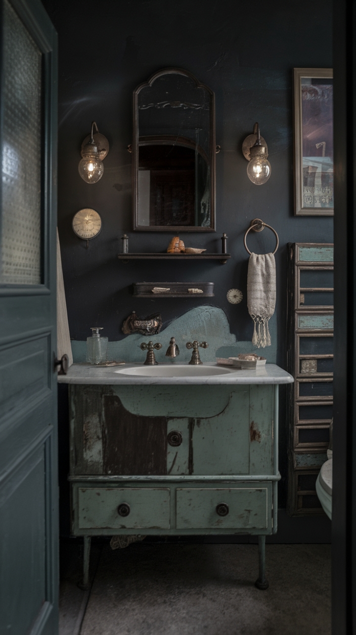 Step into a sanctuary of vintage charm where shadows dance and history whispers. This moody bathroom, a masterpiece of retro design, boasts antique fixtures, rustic textures, and distressed finishes that tell a captivating story. The nostalgic ambiance invites you to unwind and rediscover the elegance of a bygone era.