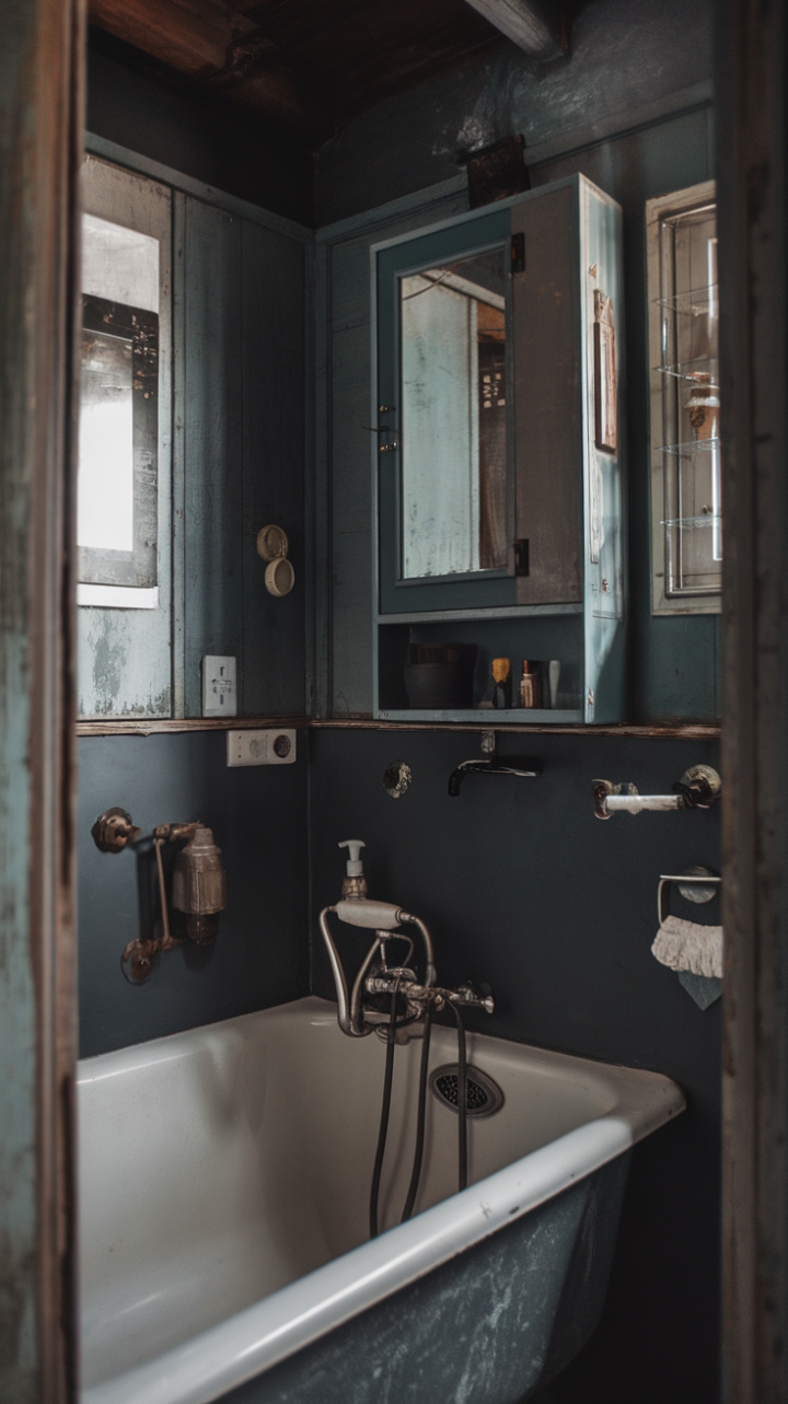 A vintage bathroom exudes timeless charm with its moody, dark color palette and rustic allure. Distressed finishes on the walls and fixtures evoke a sense of history, while antique and retro elements add a nostalgic touch. The dim lighting and weathered surfaces create an intimate, soulful ambiance that transports you to a bygone era of understated elegance and character.