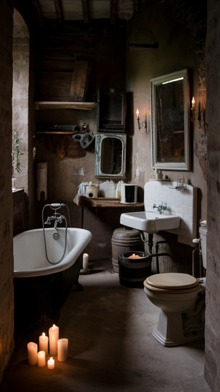 Escape to a world of vintage elegance in this darkly romantic bathroom. Stone walls, a weathered clawfoot tub, and antique details create an atmosphere of timeless sophistication. The soft lighting and scattered candles enhance the intimate, luxurious feel of this exquisitely aged space.