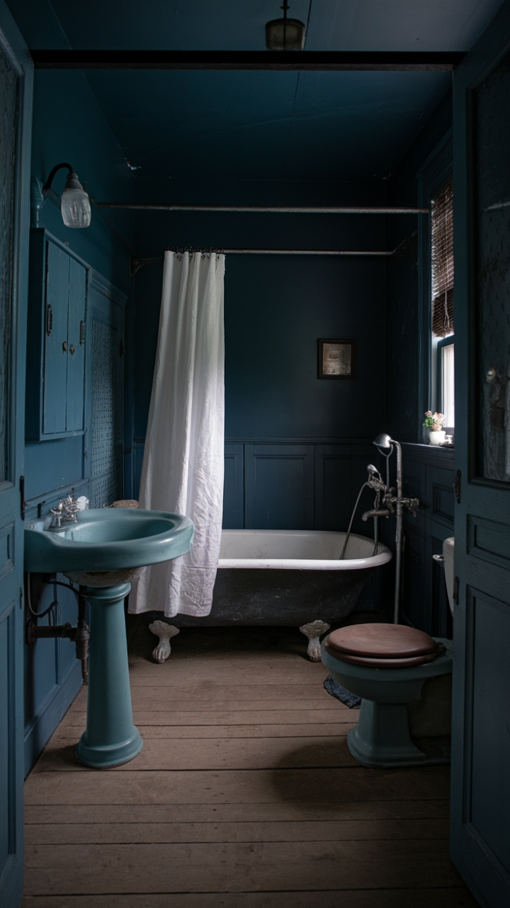 A moody vintage bathroom exudes timeless charm with its deep blue walls and distressed rustic finishes. Antique fixtures—a clawfoot tub, pedestal sink, and vintage toilet—bring nostalgic elegance to the space. The worn wooden plank flooring adds warmth and character, while a simple white shower curtain offers a subtle contrast. This intimate retreat captures a nostalgic ambiance, inviting moments of quiet reflection amid its storied charm.