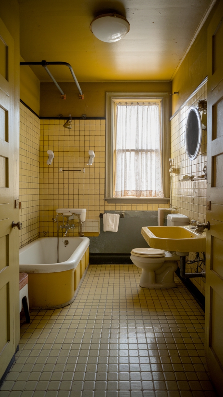 A charming vintage bathroom bathes in warm yellow hues, capturing the nostalgic allure of mid-century design. The cheerful yellow tile floor and walls create a sunny, inviting atmosphere, complemented by antique fixtures that exude timeless elegance. The retro bathtub, sink, and toilet are beautifully preserved, accented by charming accessories like a classic towel rail and soap dish. Soft natural light filters through white curtains, while a whimsical yellow ceiling light adds a cozy glow, transforming this space into a delightful retreat filled with nostalgic character and vintage charm.