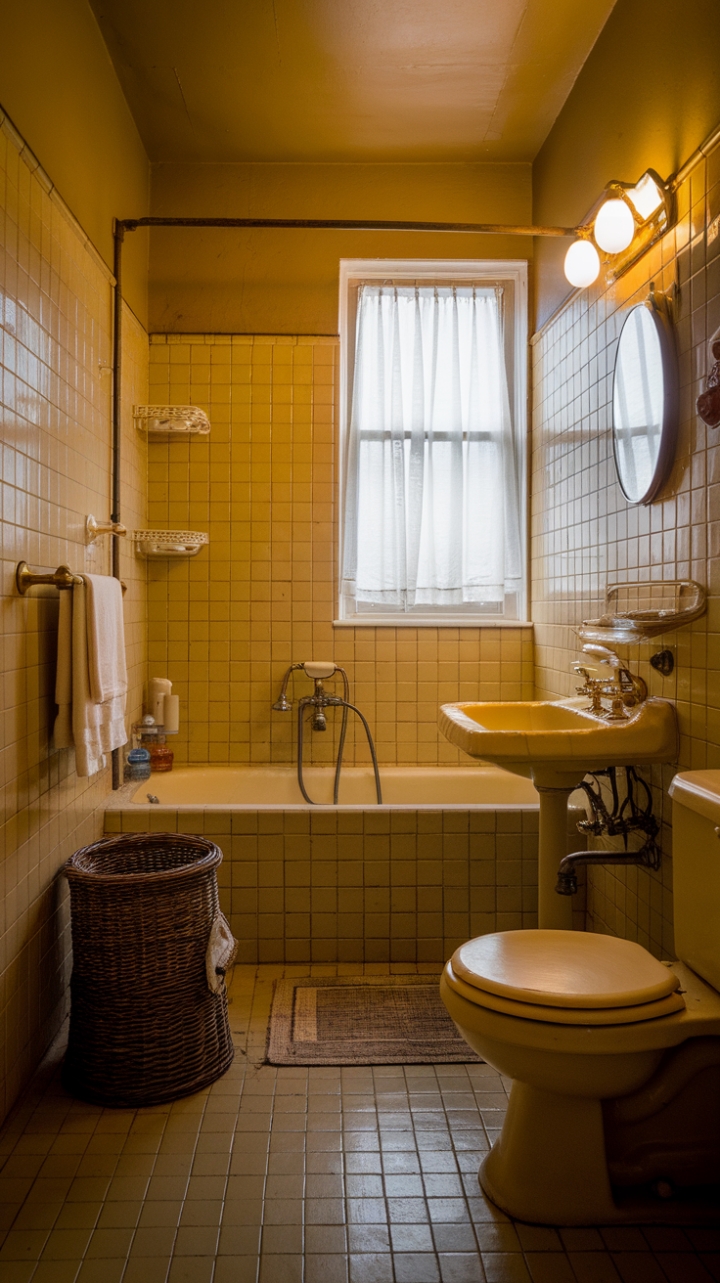 Bathe in the golden glow of this retro-chic bathroom! A symphony of sunshine-yellow tiles, vintage fixtures, and mid-century modern design elements creates a space that's as vibrant as it is inviting. The antique bathtub, charming wicker basket, and warm lighting transport you to a bygone era of effortless elegance.