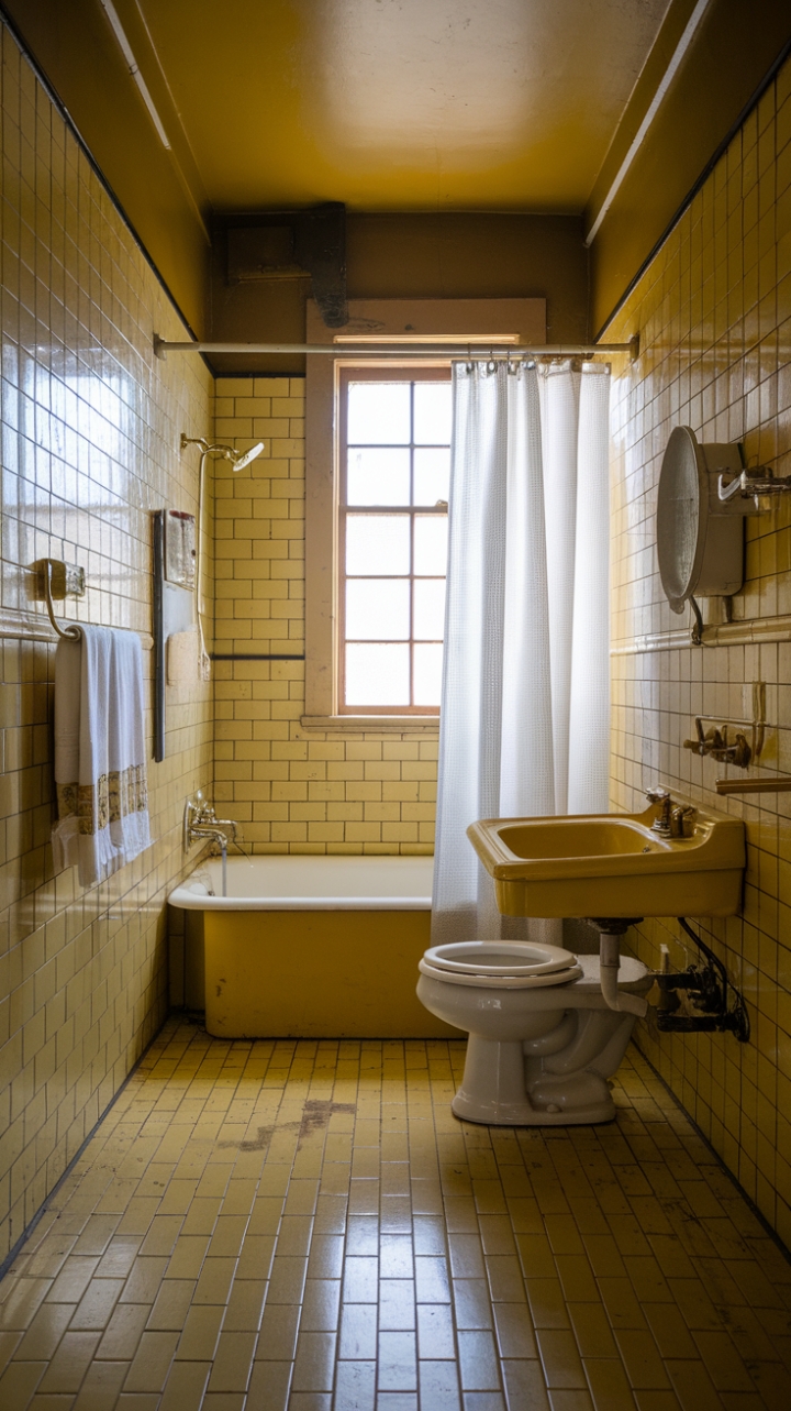 Ready for a dose of sunshine and serious style? This vintage yellow bathroom is a pure celebration of mid-century charm. From the cheerful yellow tiles that envelop the space to the classic white shower curtain, every detail whispers of a bygone era. Gleaming brass fixtures, a charming soap dish, and a simple towel hook complete the picture, creating a space that's both nostalgic and utterly inviting. It's a delightful reminder that sometimes, the best design is a joyful blast from the past.