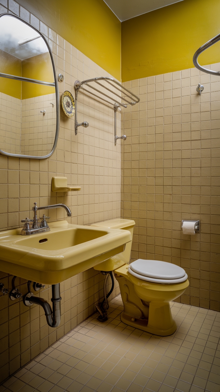 Ready for a sunshine soak? This vintage yellow bathroom is a delightful trip back in time, where every detail sings with mid-century charm. Imagine starting your day surrounded by these cheerful yellow tiles, a warm embrace that feels both nostalgic and utterly chic. The classic sink and toilet, nestled side-by-side, are a testament to timeless design, while the gleaming chrome fixtures add a touch of polished elegance. From the sweet vintage candleholder to the decorative plate, each element contributes to an ambiance that's pure, unadulterated joy. This is a space that proves good design truly is forever.