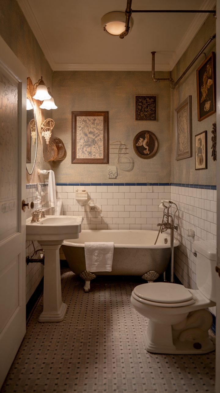 Step back in time with this charming vintage bathroom, where shabby chic elegance meets nostalgic charm. Antique fixtures, a clawfoot tub, and warm lighting create a haven of tranquility. Vintage artwork adds personality to the space, while the classic design and tiled floor exude timeless sophistication.