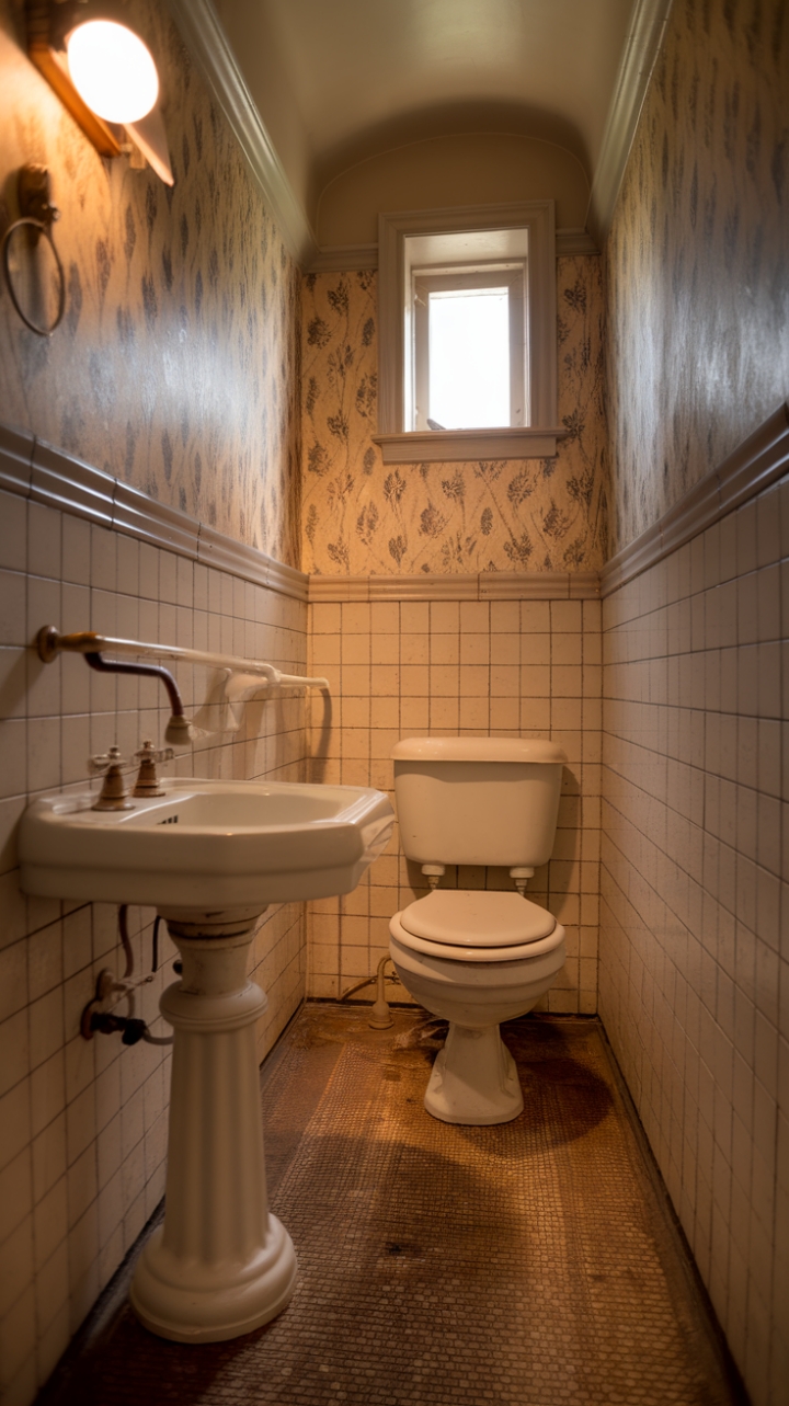 Step back in time with this charming vintage bathroom, where retro elegance meets modern comfort. Antique fixtures, a whimsical wallpaper, and warm lighting create a space that's both nostalgic and inviting. The unique curved toilet and classic pedestal sink are the perfect finishing touches to this perfectly curated escape.
