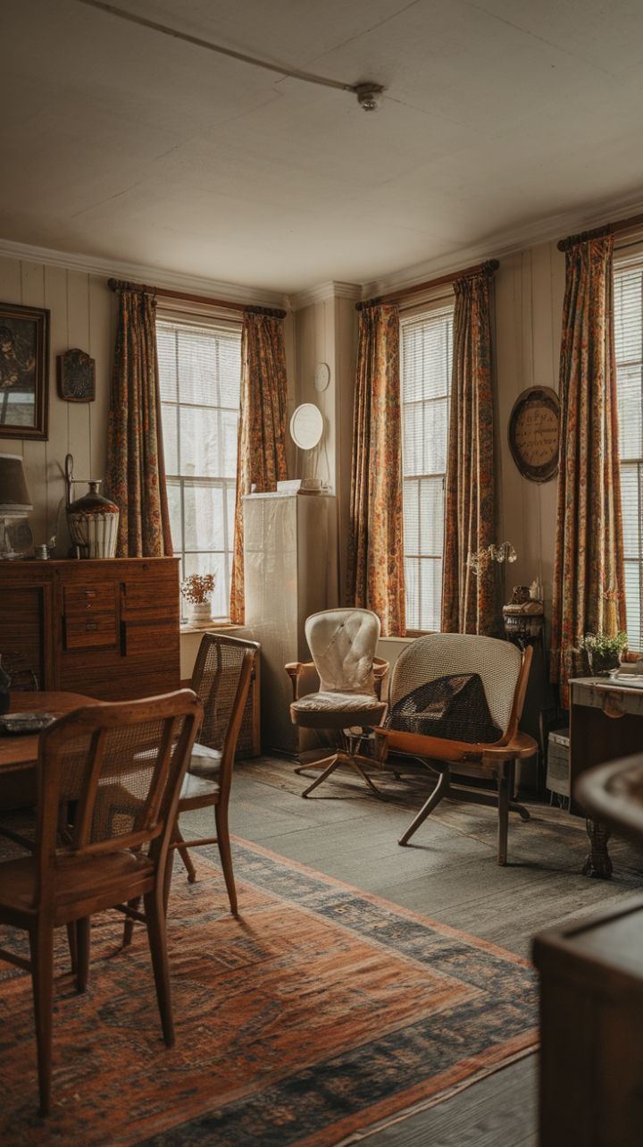 Step into a charming vintage apartment where nostalgic charm and retro elegance intertwine. Antique furnishings and classic decor elements create a warm, inviting atmosphere reminiscent of a bygone era. Rich textures, timeless patterns, and carefully curated vintage pieces evoke a sense of history and personality, transforming the space into a cozy retreat filled with timeless allure and nostalgic appeal.