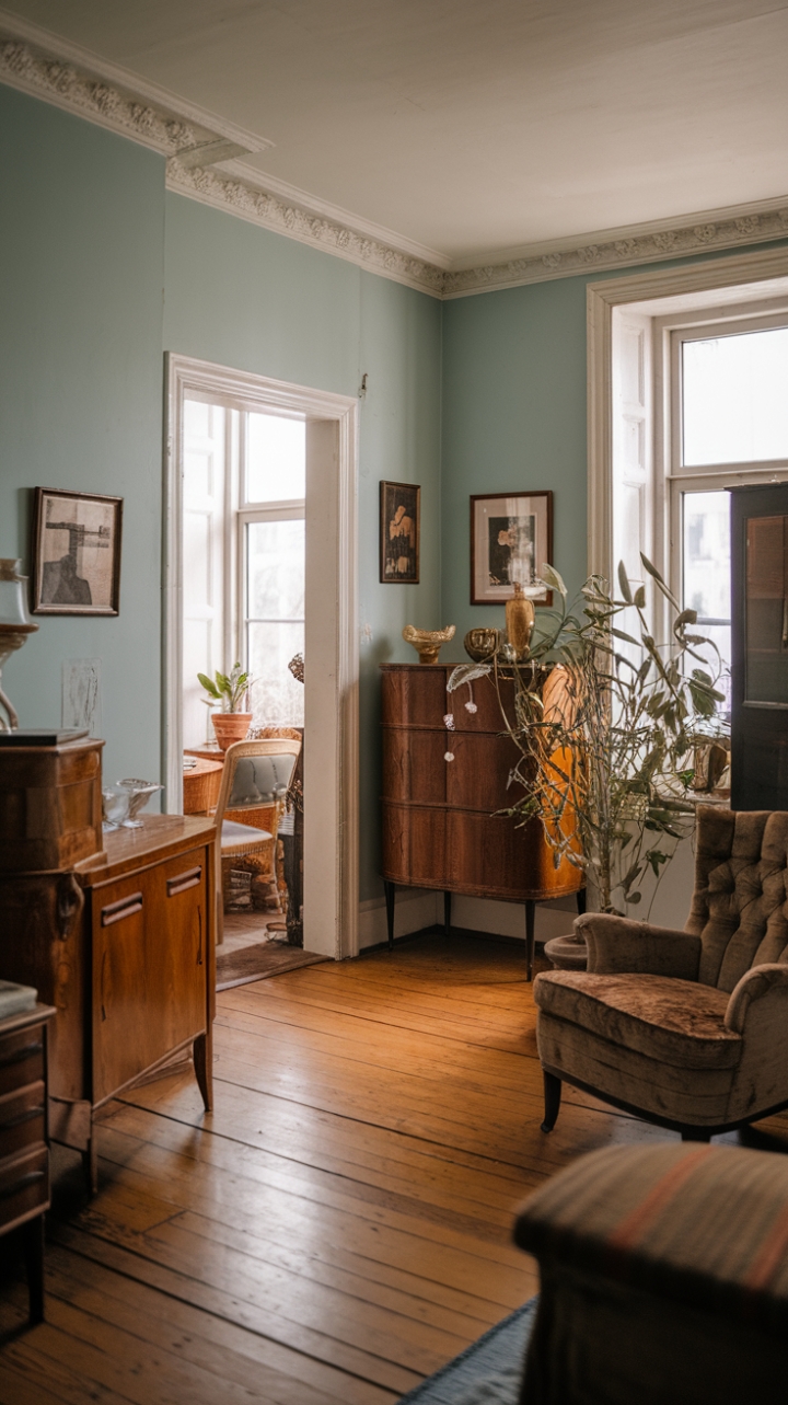 Escape to a world of retro chic in this exquisitely preserved vintage apartment. A symphony of textures and tones—from the pale blue walls to the rich wood of the antique cabinet and flooring—creates a captivating ambiance. The plush armchair beckons you to relax and soak in the old-fashioned charm, while a touch of greenery adds a vibrant, modern twist to this nostalgic haven.