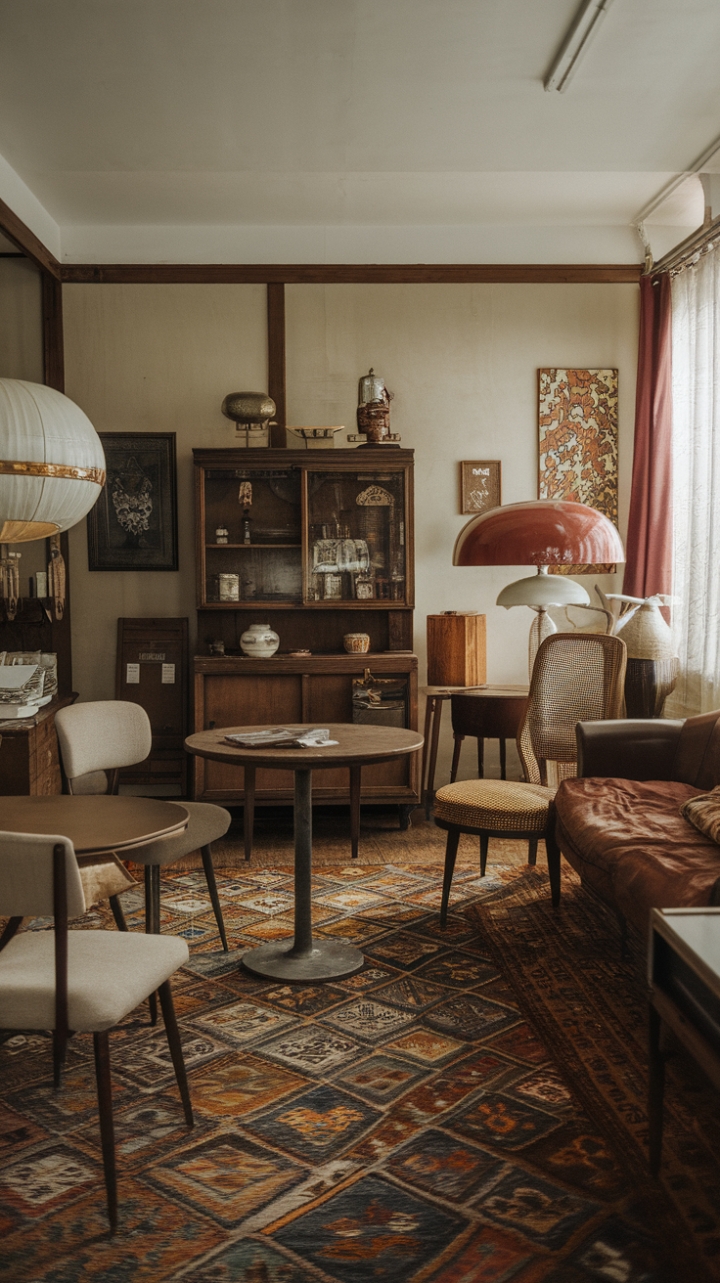 Ready for a trip back in time? This vintage apartment is a love letter to eras past, a curated collection of treasures that tell a story. Sink into the classic sofa, its worn velvet whispering tales of cozy evenings. Admire the intricate carvings on the antique wooden cabinet, a testament to craftsmanship from another age. The patterned rug underfoot adds a layer of warmth and history, while the vintage-style round table and chairs invite lingering conversations over coffee. A grand lamp casts a soft glow, illuminating the art on the walls – each piece a window into a different moment. This is more than just decor; it's a feeling, a nostalgic embrace of old-fashioned charm.